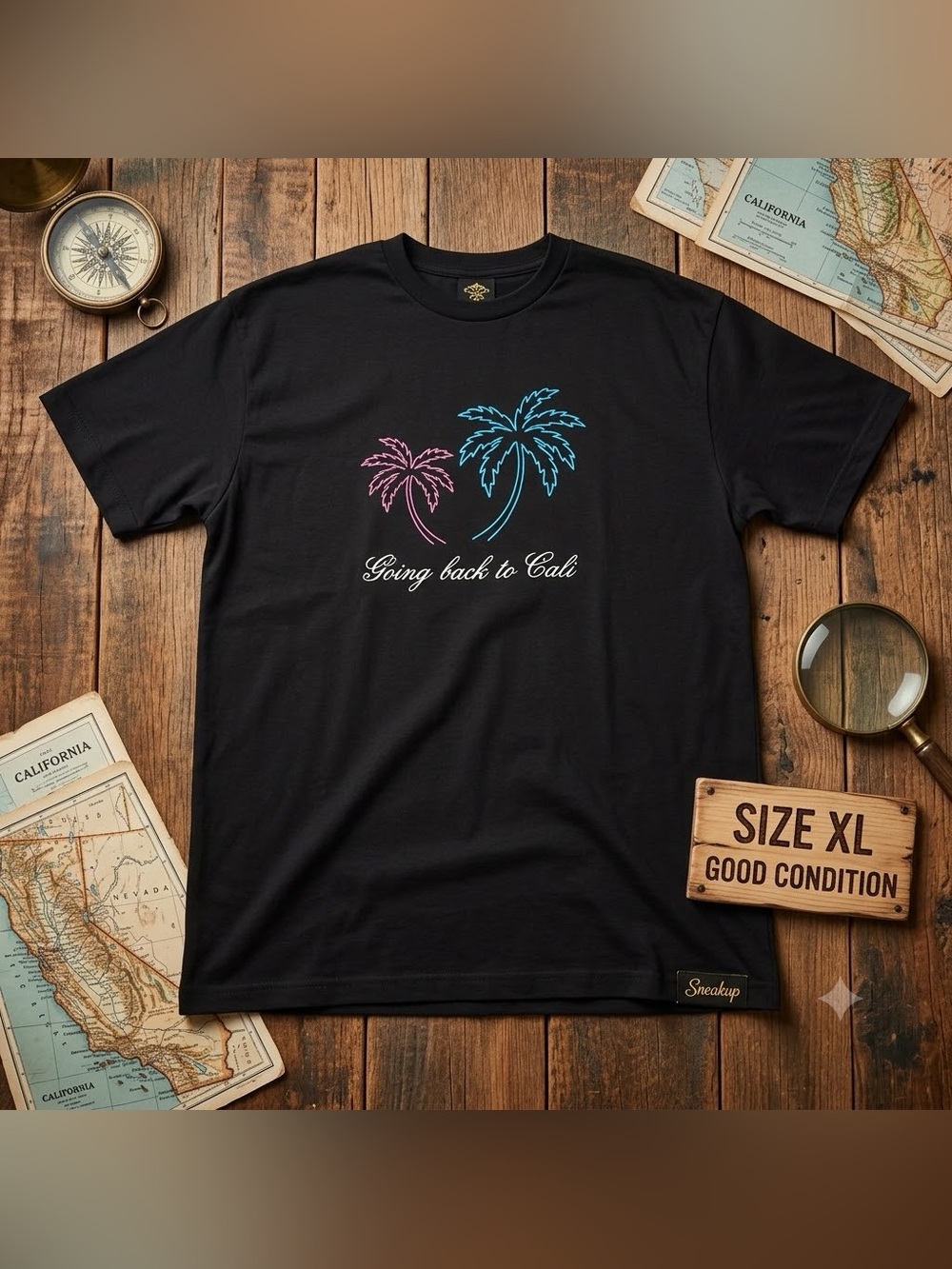 Black Graphic Short-Sleeve Tee with Pink & Blue Palm Trees